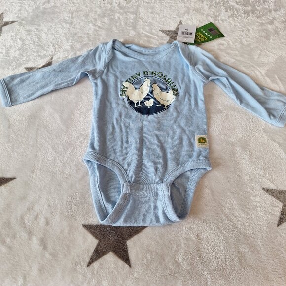 John Deere My Tiny Dinosaurs 6M Onesie Chickens Long Sleeve Pale‎ Blue Cotton - Picture 1 of 6